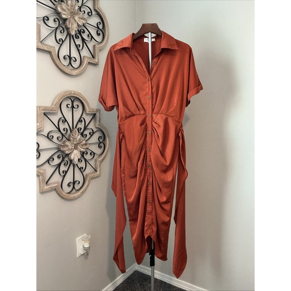 Big Hit Fashion Tie Front Midi Cocoon  Orange Copper Dress Size M - Picture 2 of 14